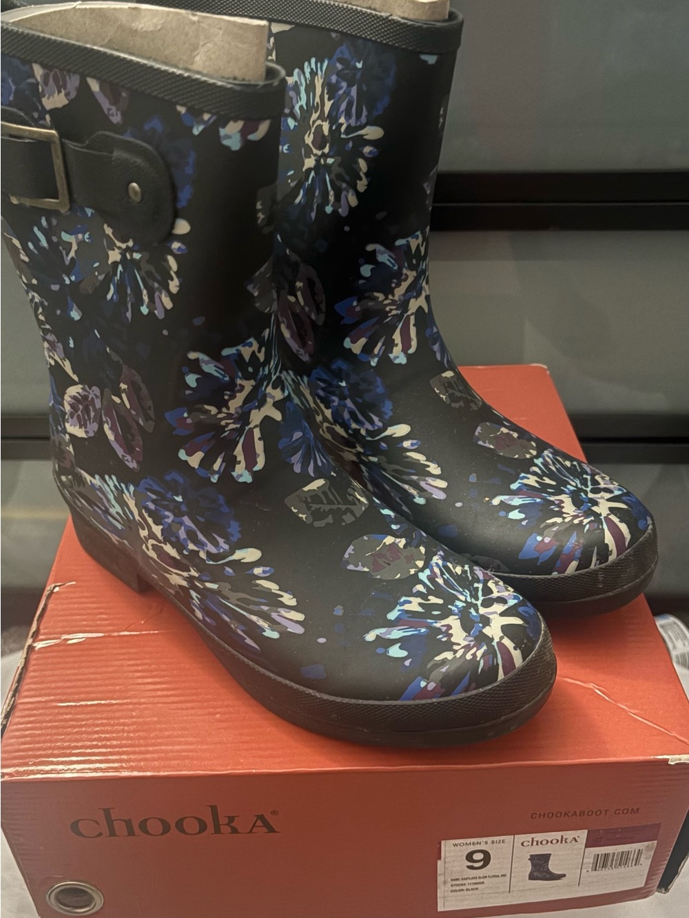 Chooka Women’s Black Floral Mid-Calf Rain Boots with Blue & Purple Accents